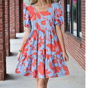 Maude Vivante Womens Aria Dress Size XL Coral Tiered Puff Sleeve Vacation Resort